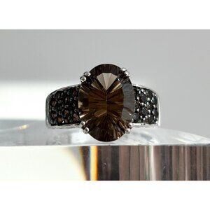 Modernist Smokey Quartz Semi-Precious 925 Sterling SilverVintage Ring - sz 9